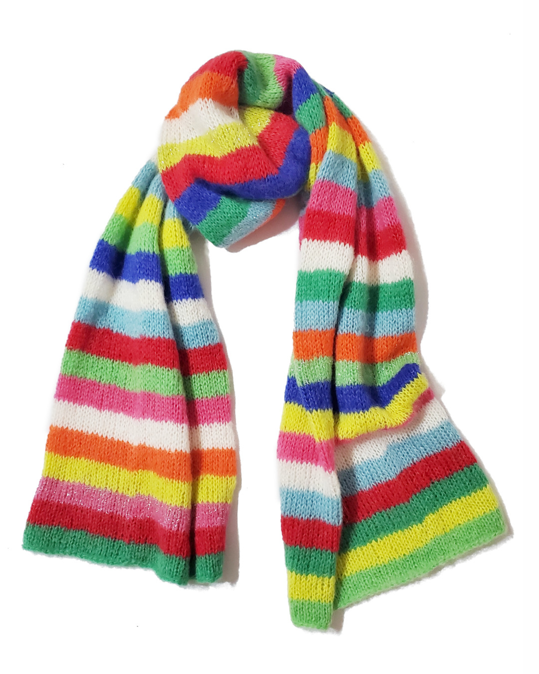 Aufsicht auf liegenden Schal mit bunten Blockstreifen