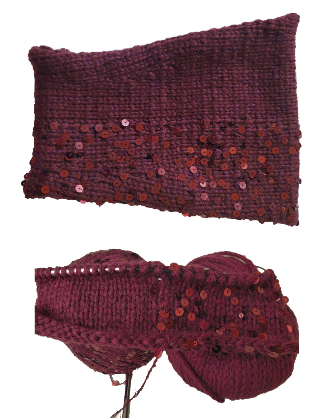 Strickzeug im Prozess und fertiges Stirnband, noch nicht zusammen genäht