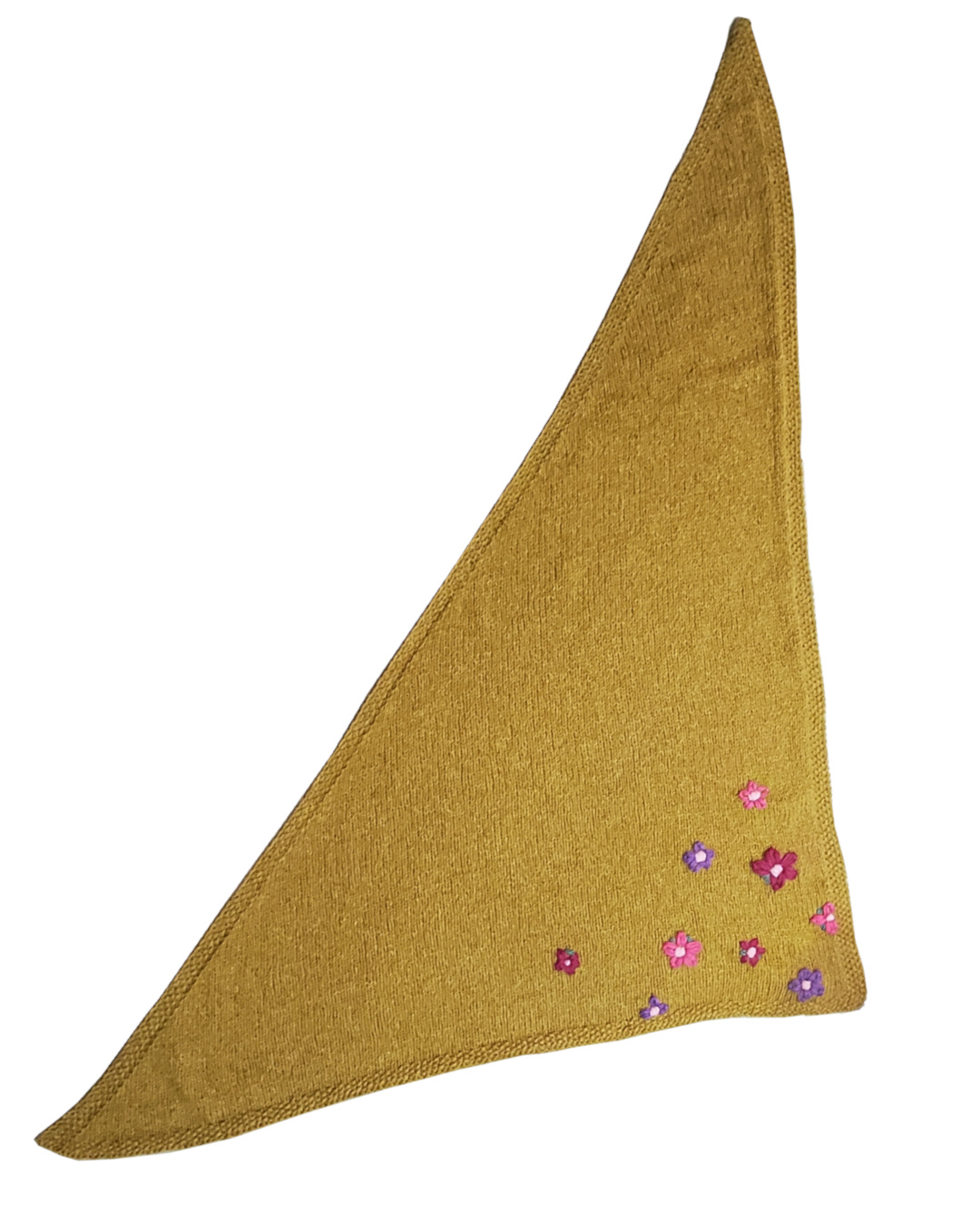 Aufsicht auf senfgelbes Dreieckstuch mit aufgestickten Bluemn
