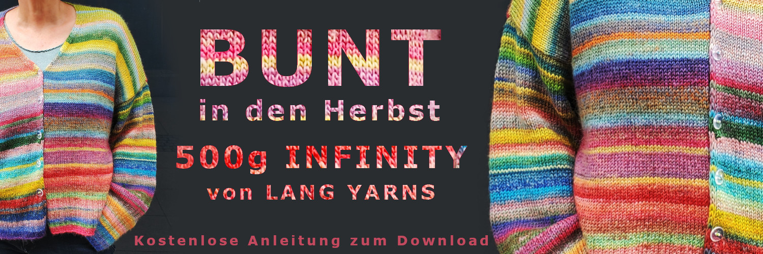 Bunt gestreifte Strickjacke mit dem Schriftzug: Bunt in den Herbst