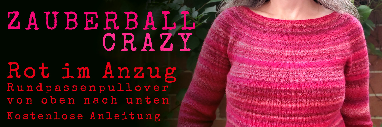 Modell trägt Rundpassenpullover in rotem Farbverlaufsgarn, Schriftzug: Rundpassenpullover von oben nach unten, kostenlose Anleitung