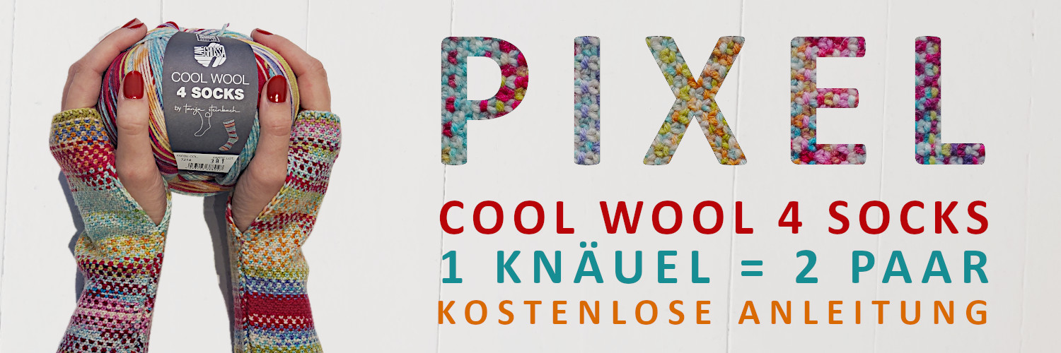 Zwei Hände mit bunten Pulswärmern halten ein Knäuel Cool Wool 4 Socks