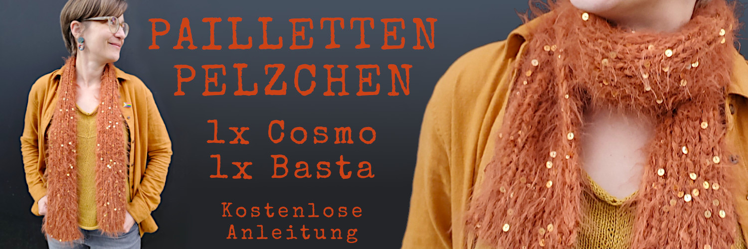 Modell trägt rostfarbenen , flauschigen Paillettenschal