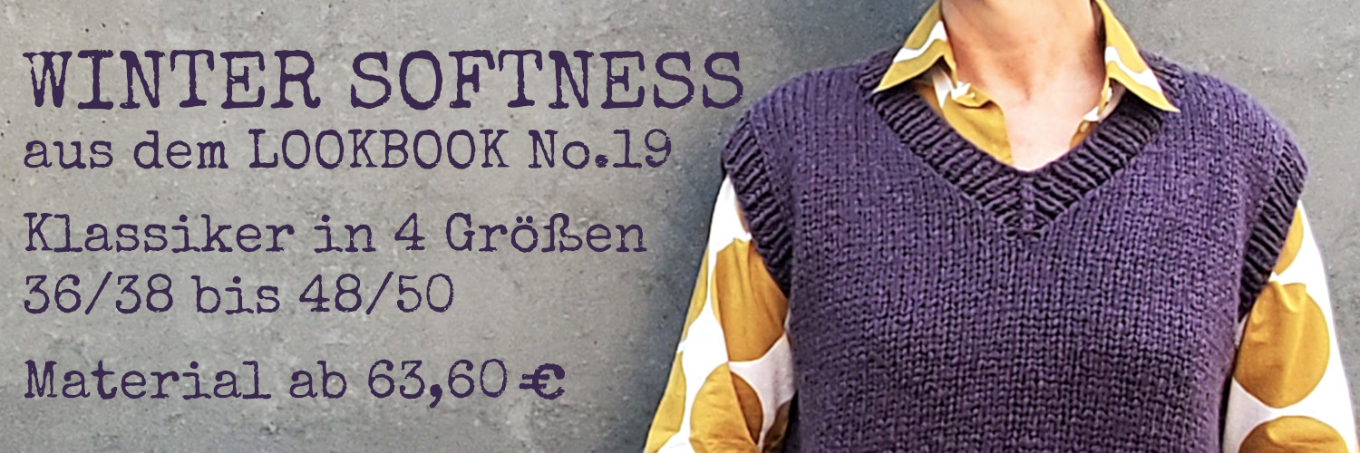 Modell trägt violetten Pullunder, Schriftzug: Material ab 63,30 €