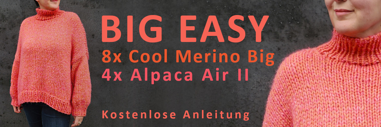 Modell trägt pink-orangefarbenen Oversizepullover, Schriftzug: Kostenlose Anleitung