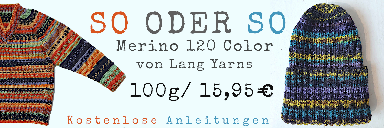 Aufischt auf einen liegenden Raglanpullver und Rippenmütze, beide in kleinem Jaquardmuster, Schriftzug: So oder so, merino 120 Color von Lang Yarns, 100g/ 15,95 €
