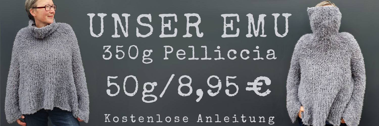 , SchModell trägt grauen Pelzpullover mit großem Rollkragen, Schriftzu: Unser Emu, 350g Pelliccia, 50g/ 8,95 €, Kostenlose Anleitung