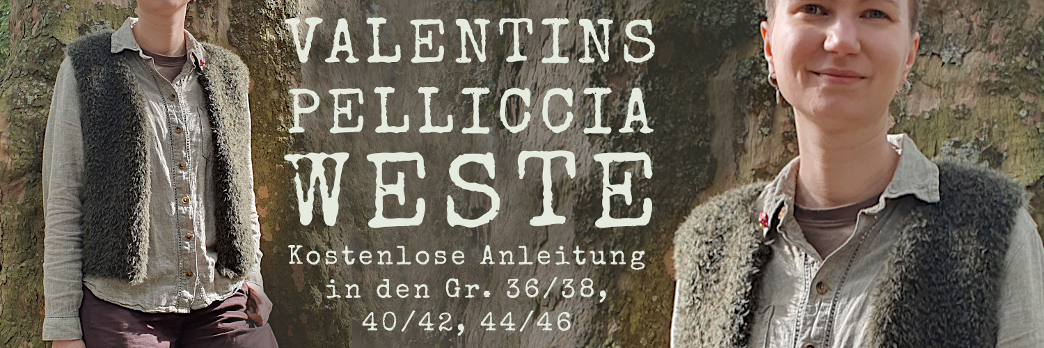 Ein Modell trägt eine olivgrüne, gestrickte Pelzweste, Schriftzug: Valentins Pelliccia Weste, Kostenlose Anleitung in den Gr. 36/38, 40/42 und 44/46