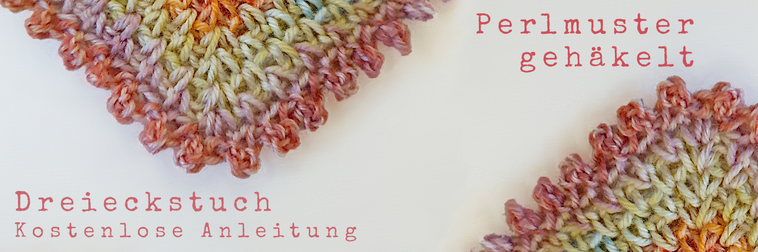 Detailansicht eines Häkeltuches mit Picotspitzenrand, Schriftzug: Perlmuster gehäkelt, Dreieckstuch, kostenlose Anleitung