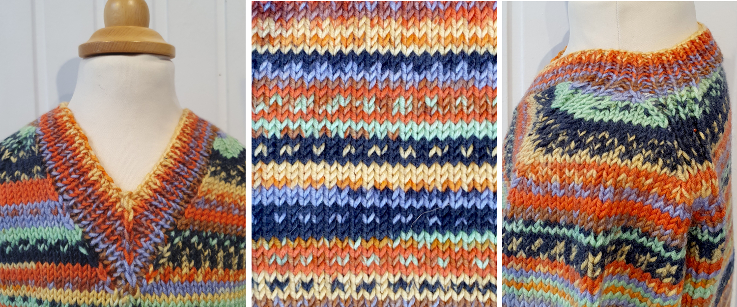Collage. Jaquardpullover Detailansicht von V-Ausschnitt und Raglanschulter, Detalbild Muster