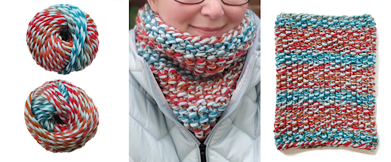 Modell trägt dicken Loop im Perlmuster aus rot-eisblauem Mullticolorgarn