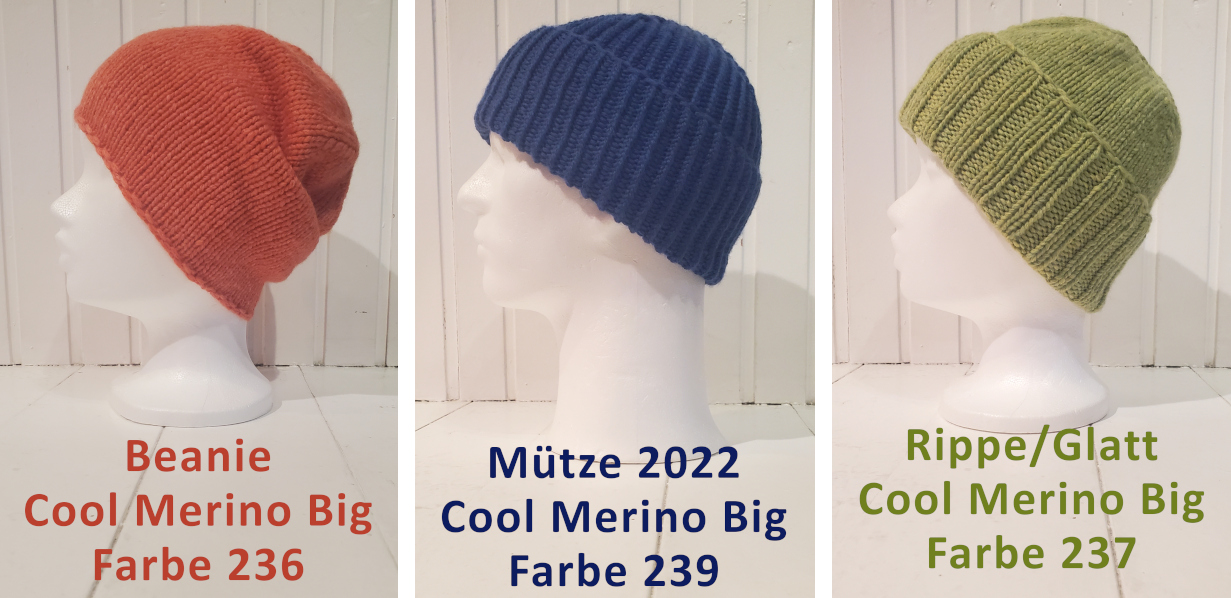 Collage von drei Mützen: Beanie in Orange, Rippenmütze in Saphirblau und Mütze mit Umschlag inHellgrün