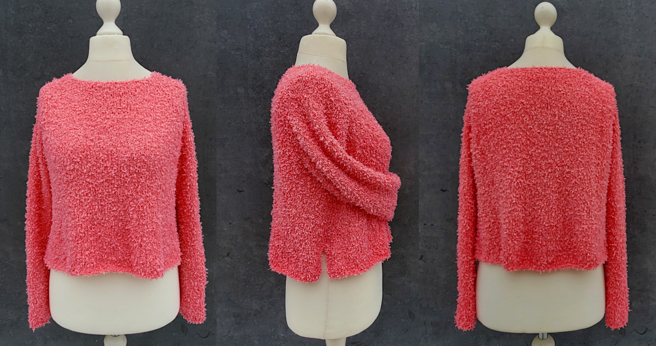 Collage aus 3 Bildern, auf einer Schneiderbüste ein Kurzpullover mit langem Ärmel in Himbeerrot, von vorne, von der Seite, von hinten