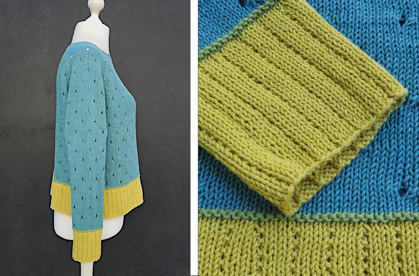 Collage: jadefarbener Pullover mit gelben Bündchen auf Schneiderpuppe, Seitenansicht und Detailbild