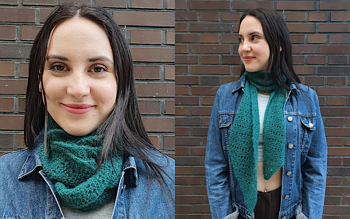 Modell in Jeansjacke trägt grünen Lochmusterschal