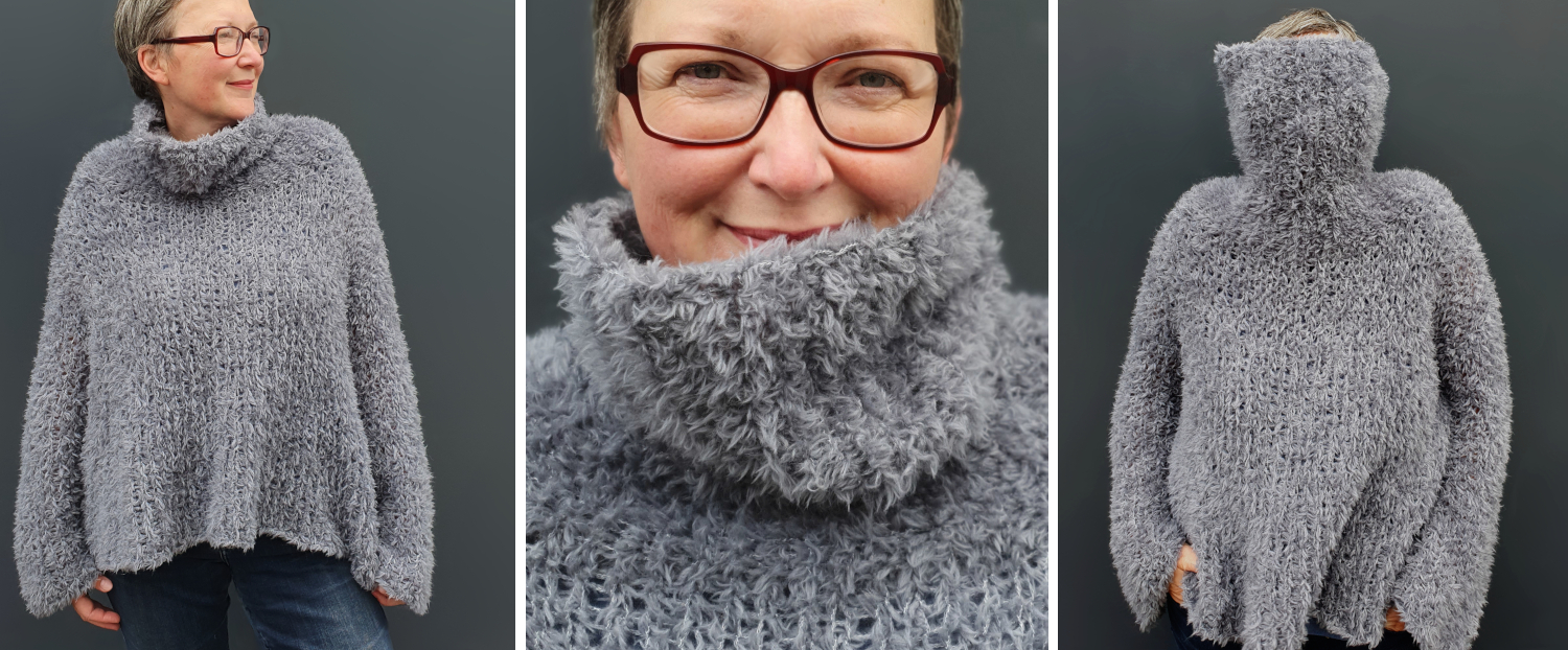 Collage zeigt Modell im grauen Pelzpullover mit großem Rollkragen