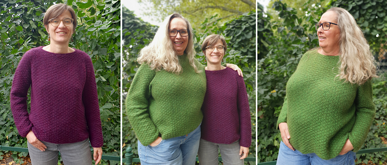 Collage, zwei Modelle tragen Raglanpullover, Grüner Pullover in Gr. 2-3XL und burgunderfarbener Pullover in Gr.M