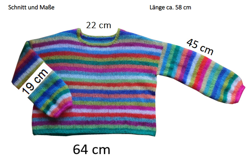 Aufsicht auf liegenden Streifenpullover mit Maßangaben, u.a. Weite 64 cm, Länge ca. 58 cm