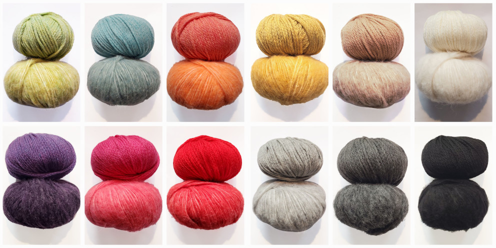 Collage von 12 Farbkombinatioenen der Alpaca Air II mit der Cool Merino Bog