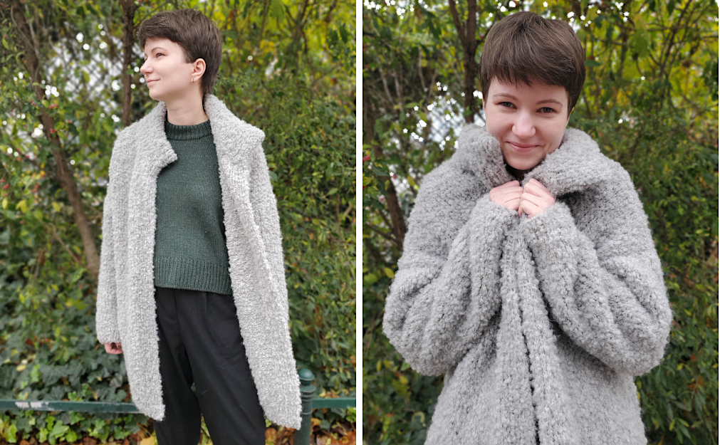 Modell trägt lange, hellgraue Boucléjacke