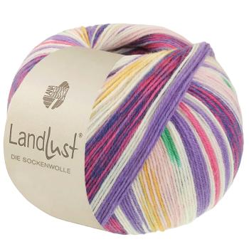 Preview: Knäuel der Landlust Die Sockenwolle Farbe 721 Rosa/Ecru/Grün/Blauviolett/Safrangelb/Pink/ Fuchsia Gestreif
