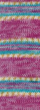 Preview: Farbmuster der Meilenweit Cashmere 100 Pista Farbe 146 Hell-/Dunkelfuchsia/Weiß/Ocker/Türkis/Hellblau gestreift