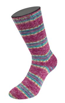 Socke aus Meilenweit Cashmere 100 Pista Farbe 146 Hell-/Dunkelfuchsia/Weiß/Ocker/Türkis/Hellblau gestreift
