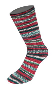 Socke aus der Meilenweit Merino 100 Christmas Farbe 6798  Dunkelgrün/Weiß/Rot/Hellgrün/ Dunkelrot