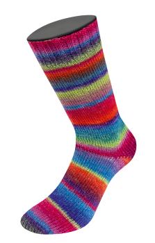 Socke aus Meilenweit 100 Fontana Farbe 5453 Frühlingsgrün/Rostrot/Blauviolett/Zyklam/ Blau/Royal/Fuchs