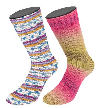 Jeweis eine Socke aus der Meilenweit 6fach Alpaca Print in den Farben 1109 und 1201