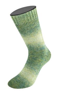 Eine Socke der Meilenweit 100 Woolycell Duo Farbe 6008 Oliv-/Graugrün/Graubeige