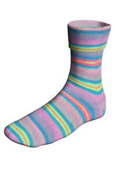 Gestrickte Socke aus Super Soxx Disco Farbe 518 Rosa/Türkis/Lime