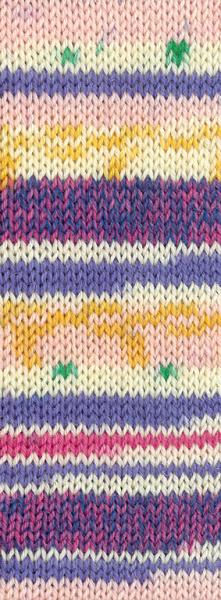 Farbmuster der Landlust Die Sockenwolle Farbe 721 Rosa/Ecru/Grün/Blauviolett/Safrangelb/Pink/ Fuchsia Gestreif