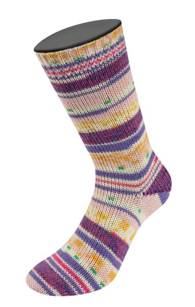 Socke aus Landlust Die Sockenwolle Farbe 721 Rosa/Ecru/Grün/Blauviolett/Safrangelb/Pink/ Fuchsia Gestreif
