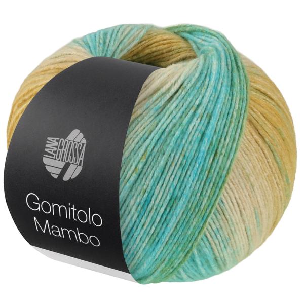 Ein Knäuel der Gomitolo Mambo Farbe 2040 Türkis/Frühlingsgrün/Grünbeige/Maisgelb