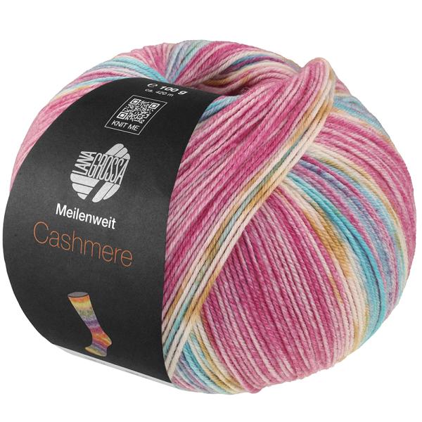 Knäuel der Meilenweit Cashmere 100 Pista Farbe 146 Hell-/Dunkelfuchsia/Weiß/Ocker/Türkis/Hellblau gestreift