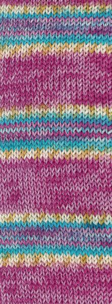 Farbmuster der Meilenweit Cashmere 100 Pista Farbe 146 Hell-/Dunkelfuchsia/Weiß/Ocker/Türkis/Hellblau gestreift