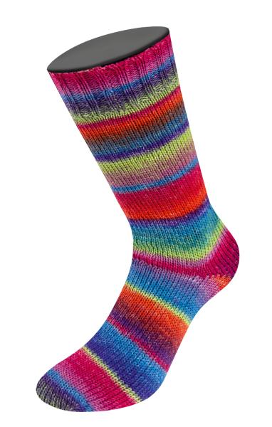 Socke aus Meilenweit 100 Fontana Farbe 5453 Frühlingsgrün/Rostrot/Blauviolett/Zyklam/ Blau/Royal/Fuchs